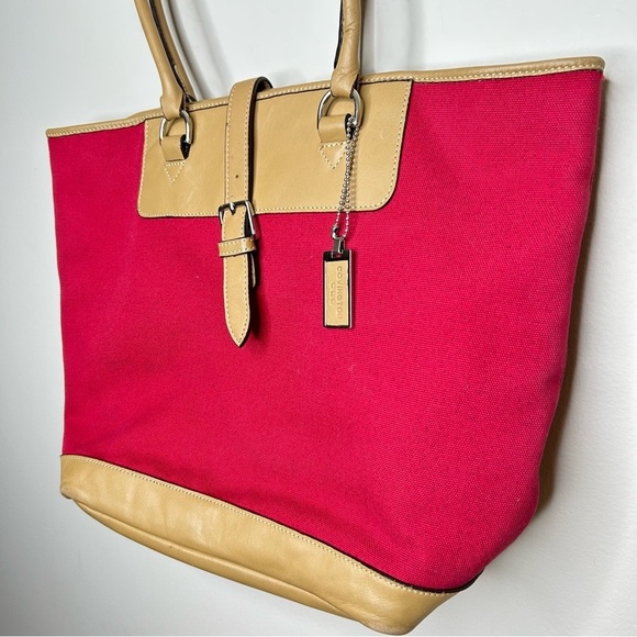 Covington Leather and  Canvas Red Tote with Buckle - Picture 3 of 10